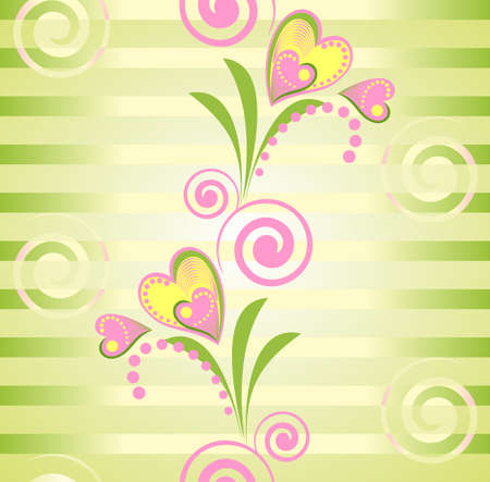 Colorful floral seamless pattern. Pink flower heart and Green strips background. のイラスト素材