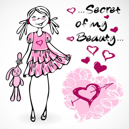 Spring summer cute sweet trend glamour girls. Fashion pink vector woman. Sketch fashion girl.のイラスト素材