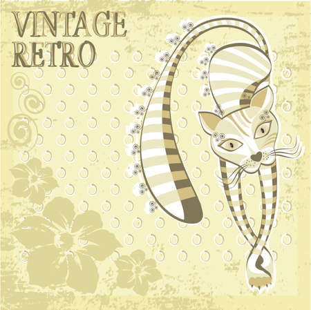 Old card with funny cat. Retro vintage vector bacgroundのイラスト素材