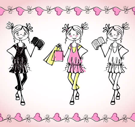 Sketch Fashion girl. Spring summer cute sweet trend girlsのイラスト素材