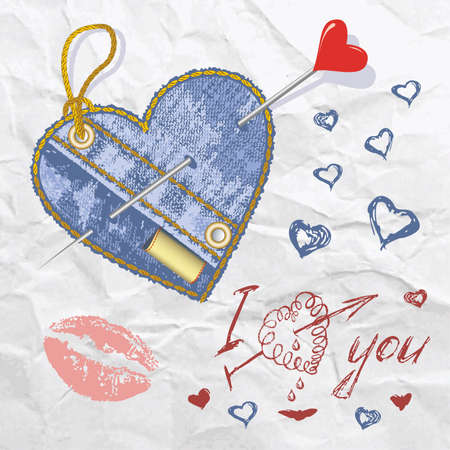 Heart shaped jeans emblem with hand drawn letter, hearts and button. Vector illustrationのイラスト素材