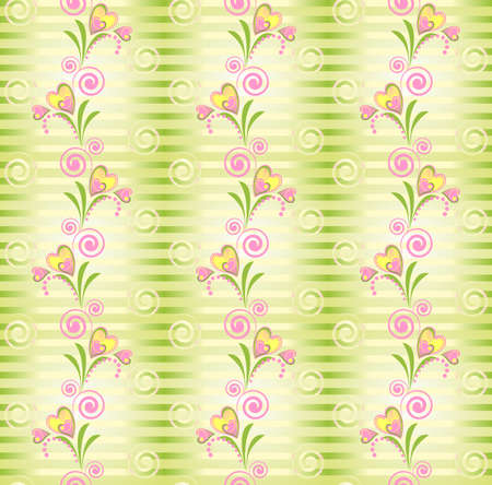 Flower pink and yellow heart stripe seamless pattern. Stripy green seamless pattern with flower heart. Romantic endless texture.のイラスト素材