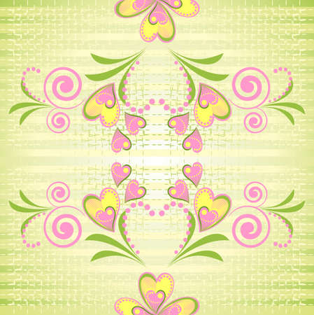 Flower pink and yellow heart stripe seamless pattern. Stripy green seamless pattern with flower heart. Romantic endless texture.のイラスト素材