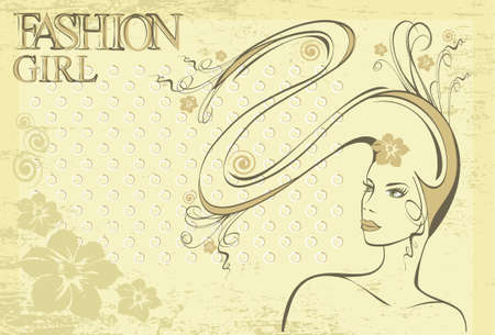 Vintage hand drawn retro beautiful girl with bright makeup and long hairのイラスト素材