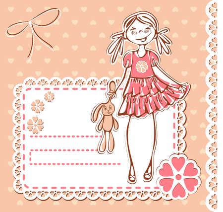 Cute smile girl frame. Baby Girl Card with Photo Frame and place for your text in vectorのイラスト素材