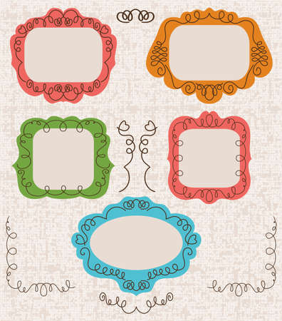 vector Vintage photo frames set, drawing doodle style, antigue ornamental and cute photo colored frames for decoration and designのイラスト素材