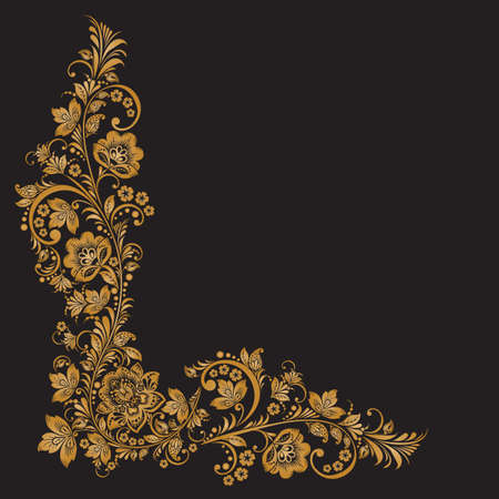 Vector background of floral pattern with traditional russian flower ornament.Khokhloma. black and goldのイラスト素材