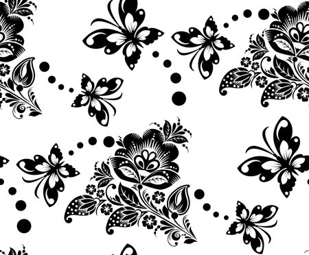 Seamless floral pattern with flower and butterflies  Black and whate Vector のイラスト素材