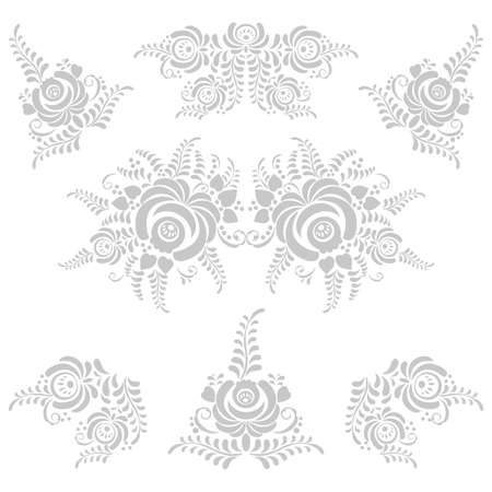 Floral grey elements in Gzhel style. Grey and white backgroundのイラスト素材