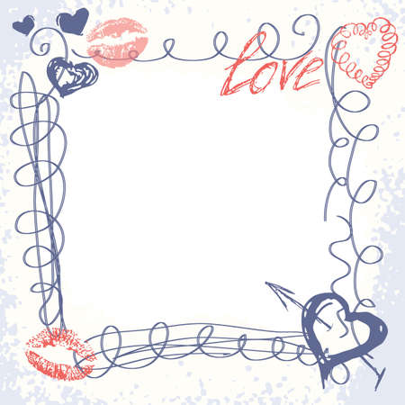 cute hand-drawn doodle frame. Vector background with heartsのイラスト素材