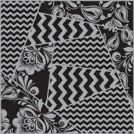 Vector seamless patchwork pattern with black and grey flower and chevronのイラスト素材