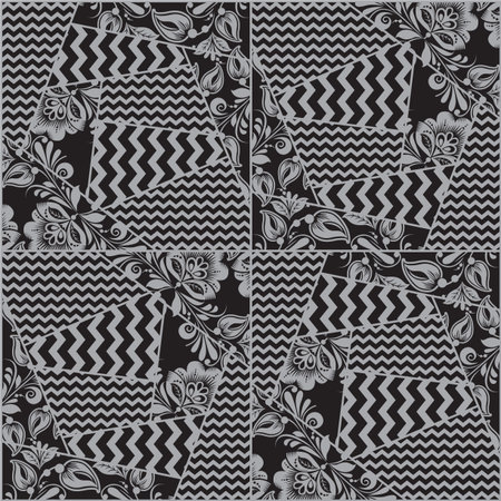 Vector seamless patchwork pattern with black and grey flower and chevronのイラスト素材