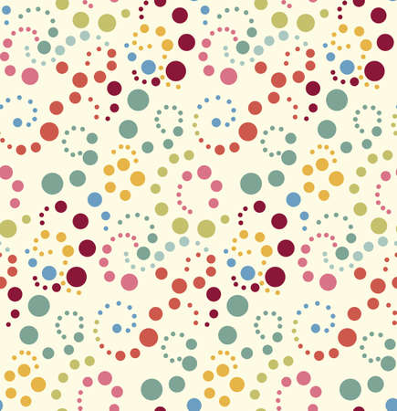 Seamless vector pattern, background or texture with colorful yellow, orange, pink, green and blue polka dots. For web design, baby shower card, party, scrapbooks. Sweet autumn or thanksgiving colors.のイラスト素材