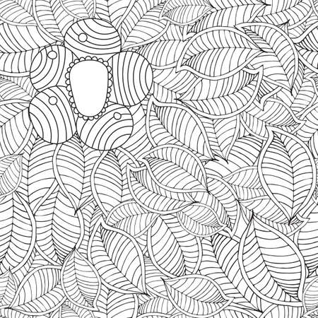 Vector hand drawn seamless pattern with leaf and flower. Doodle line Floral texture. Black and whiteのイラスト素材
