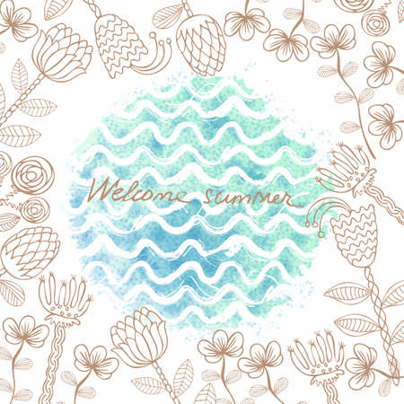 Vector watercolor hand drawn background with sea waves. Summer floral universal card with doodle watercolor texture and flowerのイラスト素材