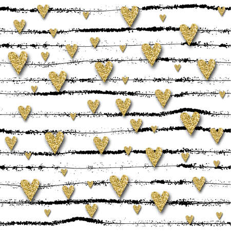 Vector Gold glittering heart confetti seamless pattern on striped background. gold black and whiteのイラスト素材