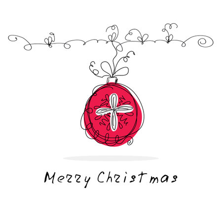 Vector christmas doodle background. Cute christmas ball in hand drawn childish sketch style. Invitation and greeting decorative card. Abstract simple winter holiday linear illustrationのイラスト素材