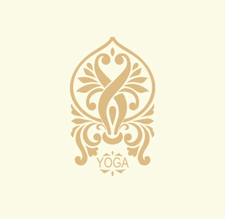 Stylized human yoga shape in abstract lotus symbol. Vector icon.のイラスト素材