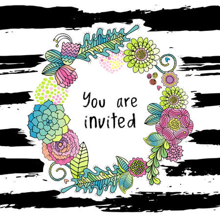 Invitation with flowers and leaves. Vector Floral Frame with wreath of flowers. With succulents, roses, daisy and black ink texture. Floral Poster templateのイラスト素材