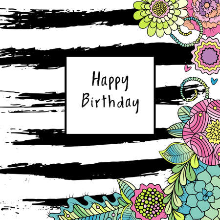 Vector birthday card with colorful flower, succulents pants and ink black striped texture. Vector party invitation template with floral elementsのイラスト素材