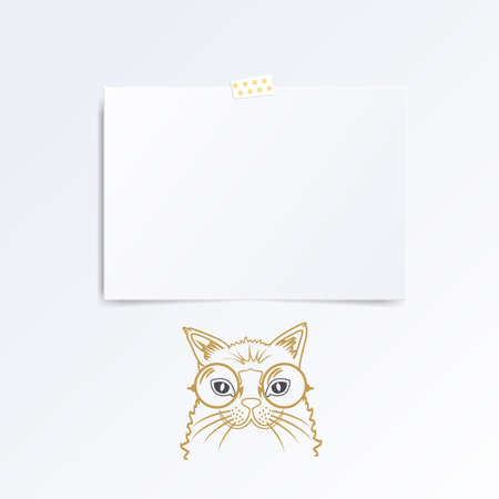 Leaflet folded in half isolated on white background, hand drawn cat under it.のイラスト素材
