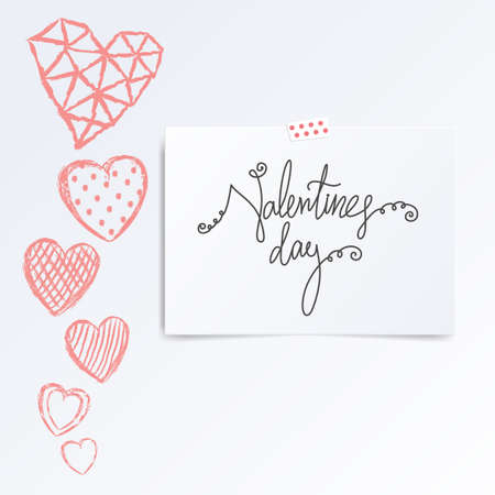 Folded in half leaflet with valentines day quote. Mock up template vector illustration isolated on white. Set of hand drawn red hearts with cells, polka dots, triangles, lines on white background. Greeting card concept.のイラスト素材