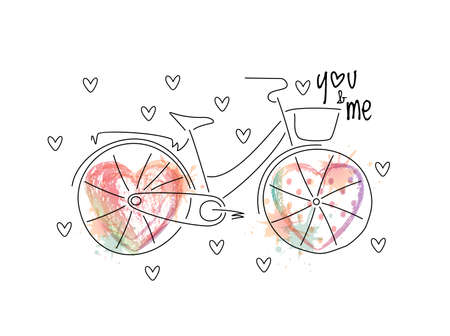 Abstract vintage bicycle, wheels illustrated with vector ombre print hearts with splashes and polka dots. White background.のイラスト素材