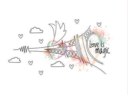 Abstract flying Eiffel Tower with wings illustrated with vector ombre print hearts with aquarelle blots and polka dots. Love is magic phrase. White background. Valentines day greeting card.のイラスト素材
