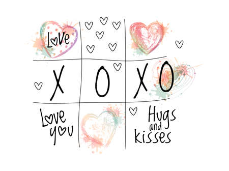 Abstract tic tac toe with vector ombre doodle hearts. Valentines day symbols.のイラスト素材