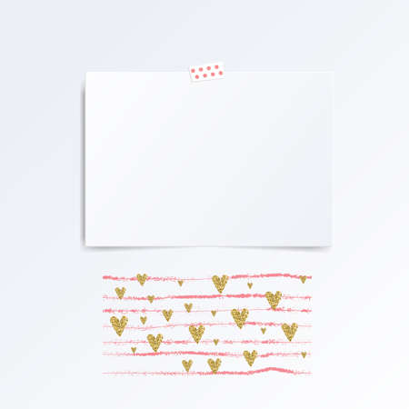 Vector empty note paper on the white wall with abstract hearts and lines . Hipster mood board template. Mock up.のイラスト素材