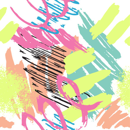 Vector abstract mark making seamless pattern with brush stroke.  White background.のイラスト素材