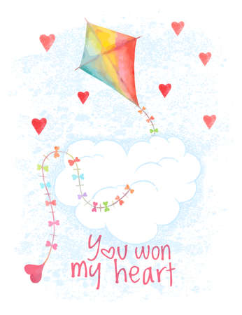 Saint Valentines Day card. Hand drawn flying kite and hearts. Greeting cover on 14 february. Not autotraceのイラスト素材