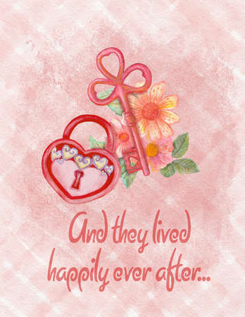 Watercolor wedding greeting card with key, lock and flowers. Hand drawn house warming invitationの写真素材