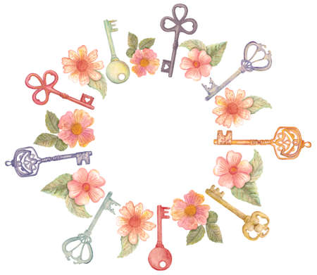 Watercolor flowers and keys, house warming design. Hand drawn key setの写真素材