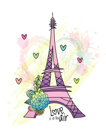 Floral love card design with eiffel tower vector. Hand drawn succulent flower, leaves, heart and blotsのイラスト素材