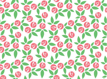 Abstract stylized pink rose with green laeves seamless pattern vector on white backgroundのイラスト素材