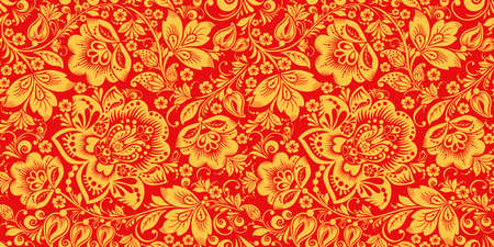 Hohloma in red and gold colors seamless pattern vector. Russian traditional decoration designのイラスト素材