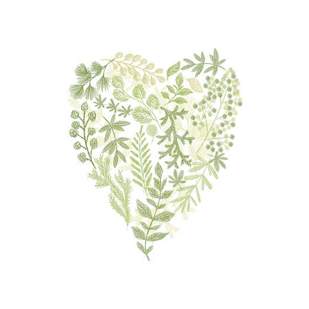 Floral hand drawn bouquet in form of heart. Vector green leaf arrangement isolated on white background. Love card cover designのイラスト素材