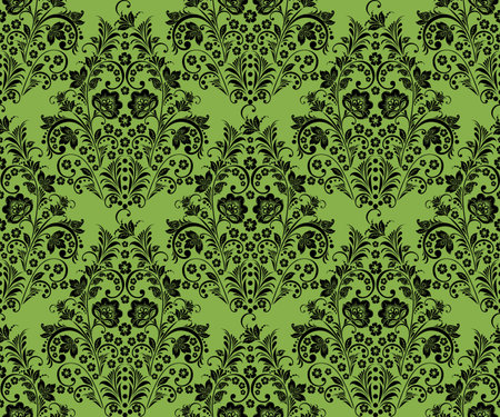 Black khokhloma flowers on greenery seamless pattern background, vector. Trend color spring 2017のイラスト素材