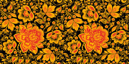 Russian national hohloma style seamless pattern vector in traditional black, red and gold colors. Classic khokhloma, national ornament. Floral art decorのイラスト素材