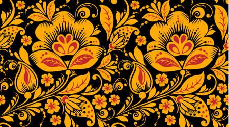 Hohloma style seamless pattern vector in classic black, red and gold colors. Classic khokhloma, national ornamentのイラスト素材