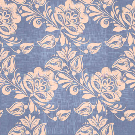 Khokhloma style seamless pattern vector background. Traditional Russian floral decoration, violet canvas textureのイラスト素材