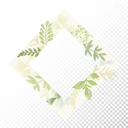 Rhomb floral decorative vector frame. Greenery branches and leaves card decoration. Rhombus flourish border for card design. Transparent backgroundのイラスト素材