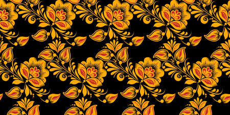 Hohloma painting in classic black, red and gold colors. Flower seamless pattern vector, khokhloma, Russian national ornamentのイラスト素材