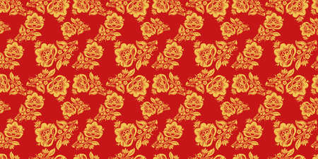 Russian national seamless pattern vector with floral decor elements. Classic khokhloma style decoration in red and gold colors.のイラスト素材