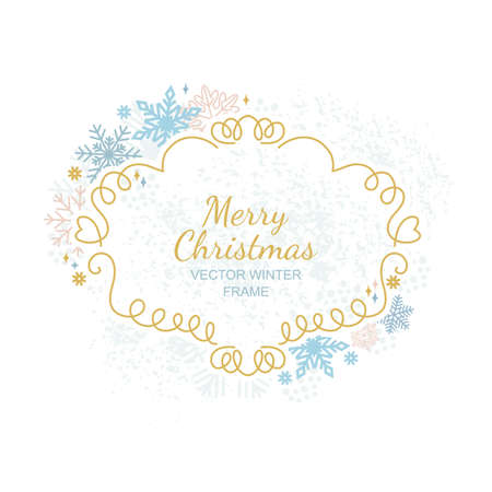 Snowflake frame, decoration on white background, Christmas design for invitation, greeting card or postcard. Vector illustration, merry xmas snow flake frameworkのイラスト素材