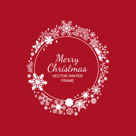 White circle snowflake frame isolated on red background, Christmas design.のイラスト素材