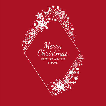 White rhombus snowflake frame, decoration on red background, Christmas design for greeting card or postcard. Vector illustration, merry xmas snow flake framework.のイラスト素材