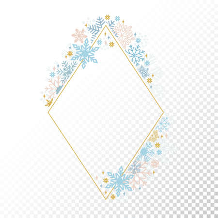 Snow flake frame, decoration on transparent background, Christmas design for invitation, greeting card. Vector illustration, merry xmas snowflake frameworkのイラスト素材