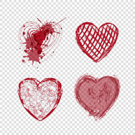 Hand drawn doodle hearts with blots and lines on transparent background, Happy Valentine's day, red vector illustration. Abstract love design, romantic holiday decoration.のイラスト素材